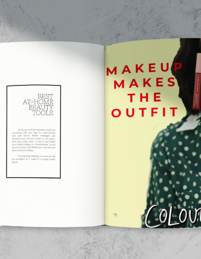 Colourpop ad in magazine mockup that says makeup makes the outfit