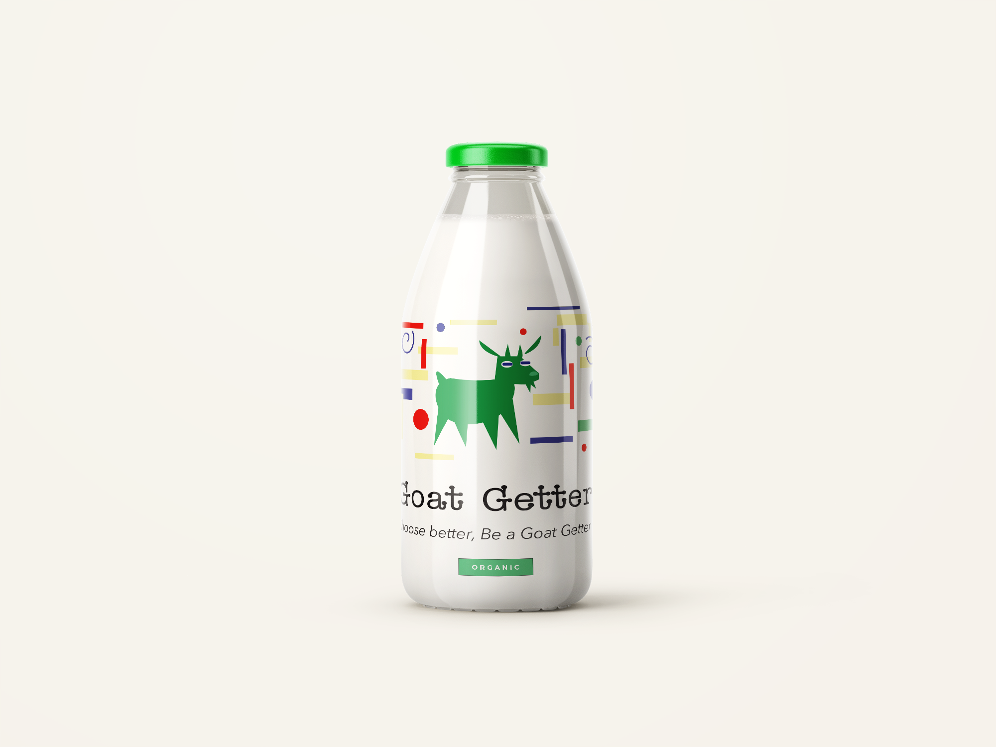 Goat getter milk bottle mockup with gulp the goat on front of the bottle